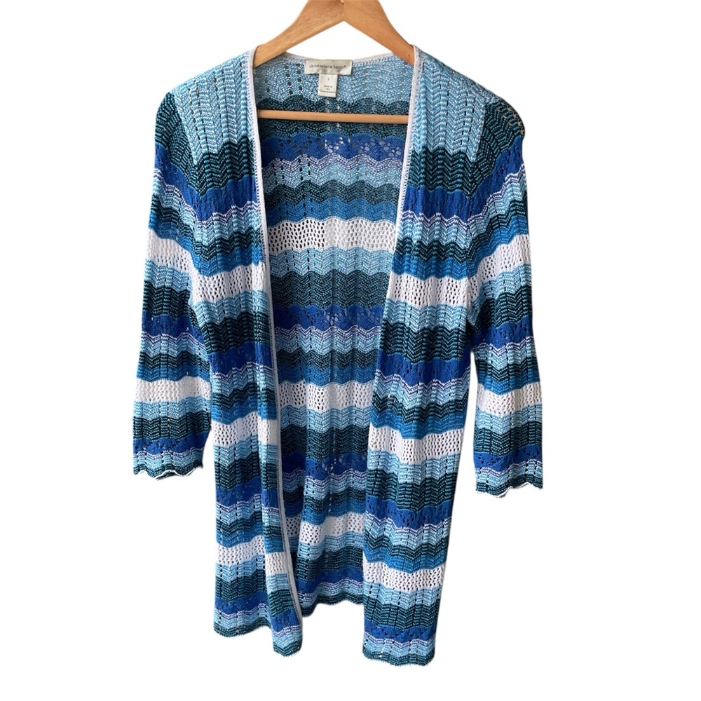 Christopher banks Cardigan Sweater Blue White Knit Preppy Business consign Small
